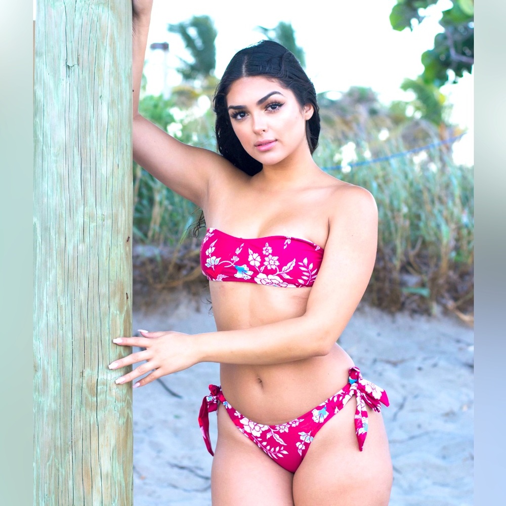 Red floral Bandeau Bikini swimsuit set